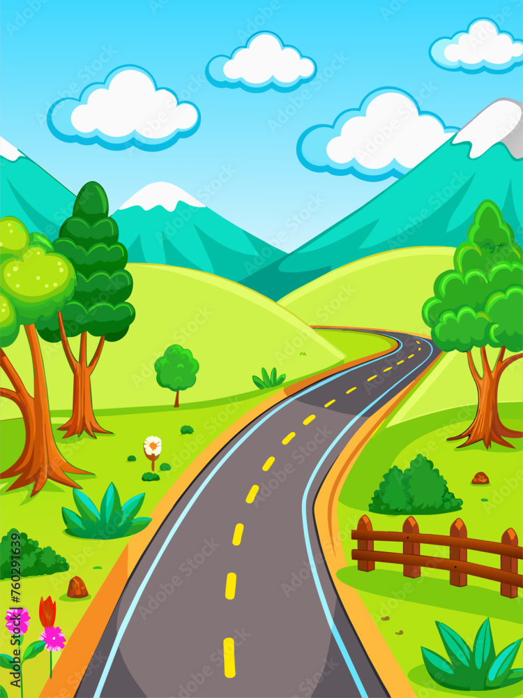 A sweeping road leads through a scenic landscape, framed by trees and rolling hills.