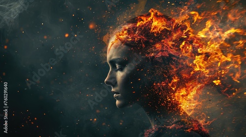 Artistic portrait of a woman with fire and magma bursting from within her. Ai Generated. photo