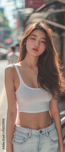 Asian girl in a white singlet on a city street, capturing the essence of a sunny day, Ai Generated.