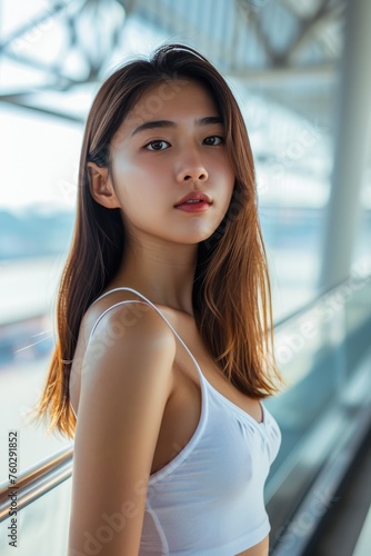 Asian girl in a white singlet exudes style and grace in a captivating airport portrait, Ai Generated.