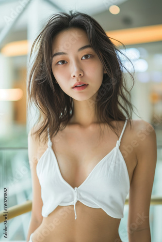Vibrant shopping mall portrait featuring an Asian girl in a bright-colored singlet, Ai Generated. Free Download Vibrant shopping mall portrait featuring an Asian girl in a bright-colored singlet, Ai Generated. - GFXLoad