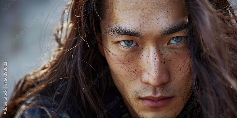 handsome Japanese man with long hair and blue eyes, generative AI