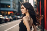 A black-haired Chinese girl, smiling in a stunning low-cut dress, captured in 8K sharp focus under bright daylight, Ai Generated.