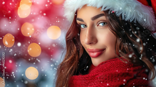 A beautiful young woman spreads holiday joy wearing a Santa hat, radiating Christmas cheer, Ai Generated.