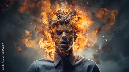 A concept depicting a male head with an exploding brain, symbolizing the impact of burnout, Ai Generated.