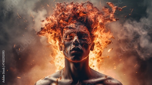 A concept depicting a male head with an exploding brain  symbolizing the impact of burnout  Ai Generated.