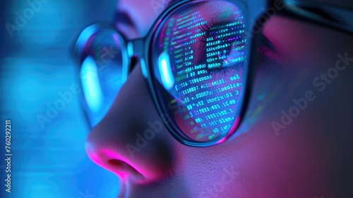 Wallpaper Mural A close-up reveals a woman's face with glasses reflecting computer code, symbolizing technology and focus. Ai Generated Torontodigital.ca