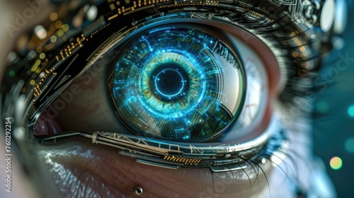 An extreme close-up reveals the intricate circuitry of a robotic or bionic eye, showcasing advanced technology. Ai Generated