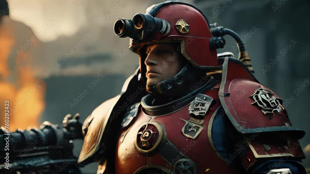 A warrior clad in red armor with goggles on his head stands against a backdrop of flames, his posture embodying readiness for duty.
A warrior clad in red armor with goggles on his head stands against a backdrop of flames, his posture embodying readiness for duty.