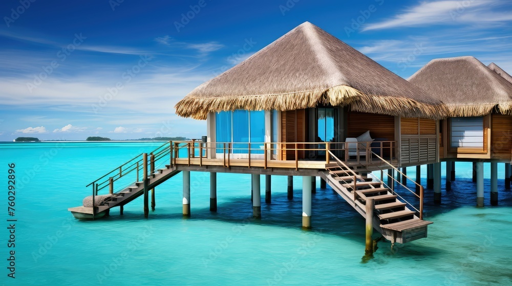 paradise water bungalow building illustration vacation relaxation, escape exotic, serene tranquil paradise water bungalow building