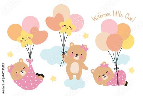 Baby girl shower vector illustration. Cute baby girl bear holding balloons and floating on the cloud. © JungleOutThere