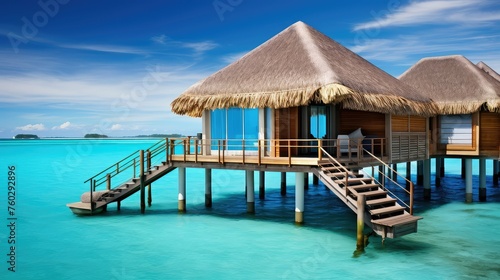 paradise water bungalow building illustration vacation relaxation, escape exotic, serene tranquil paradise water bungalow building