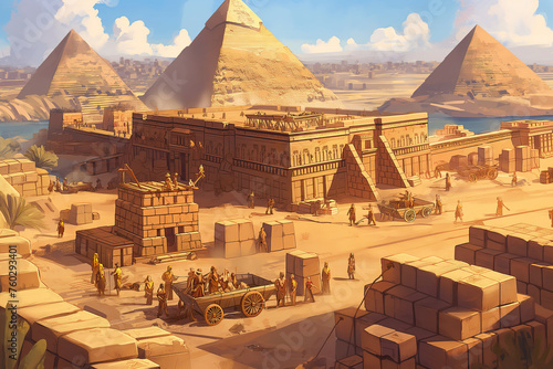 Slaves building Egypt pyramids  cartoon illustration  ancient Jewish in biblical Egypt exhile scene