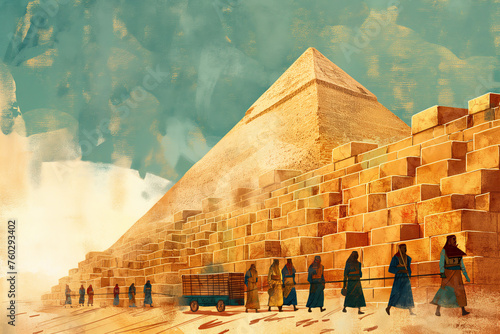 Slaves building Egypt pyramids  cartoon illustration  ancient Jewish in biblical Egypt exhile scene