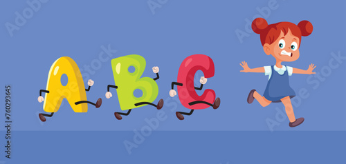 Scared Student Running Away from Letters Vector Concept Illustration. Stressed schoolgirl running away from learning to read
