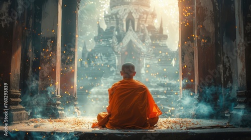 front shot of a Buddhist monk with a serious face in a shinny place generative ai © Fathor