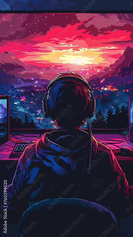 Vector Illustration of Young Gamer Sitting in Front of a Screen with ...