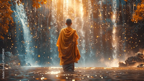 front shot of a Buddhist monk with a serious face in a shinny place generative ai