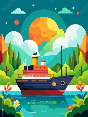 A ship sails across a calm sea, with a mountain range in the distance.