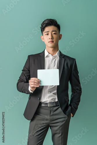 A handsome businessman holding a blank piece of paper