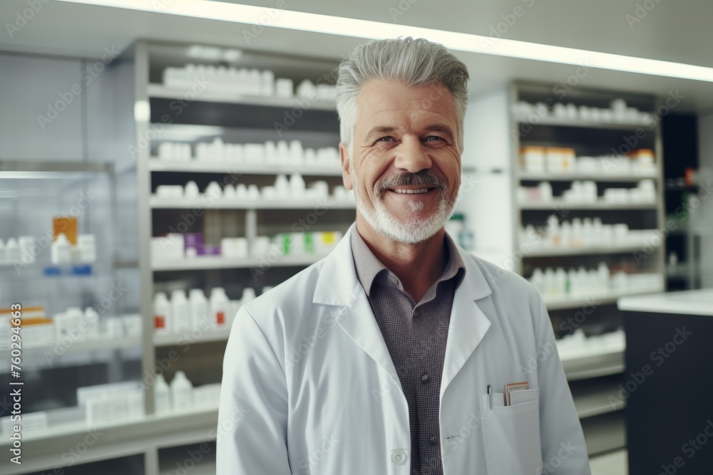Friendly pharmacist with a welcoming smile in a modern pharmacy.