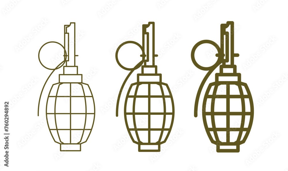 Obraz premium Set of pomegranate icons. Grenade, symbol of weapon of destruction, ammunition or war. Military attribute of an army or soldier.