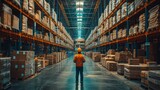 Warehouse worker in orange vest, overseeing vast storage, industrial scale.
