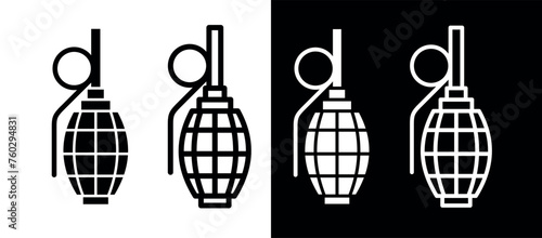Set of pomegranate icons. Grenade, symbol of weapon of destruction, ammunition or war. Military attribute of an army or soldier. photo