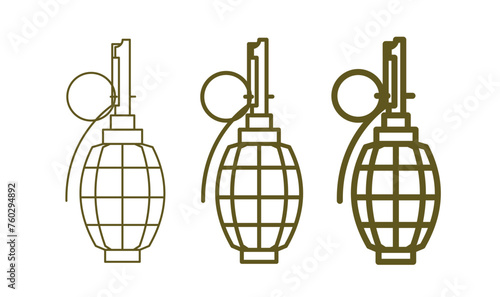 Set of pomegranate icons. Grenade, symbol of weapon of destruction, ammunition or war. Military attribute of an army or soldier.