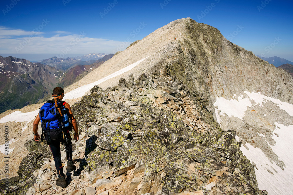 Ascent to Perdiguero peak (3170m.).Pirineos.Huesca.Pyrenean mountain range.Catalunya.Spain.