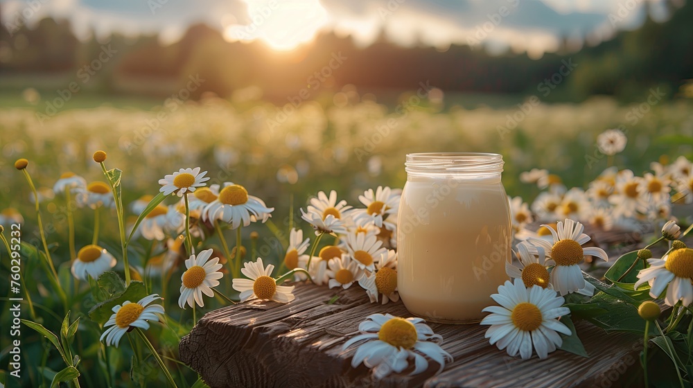 Fresh dairy products on wooden table and beautiful green meadow landscape Bright blue background with warm sunlight. Fresh dairy products on wooden table and beautiful green meadow landscape Bright blue background with warm sunlight.