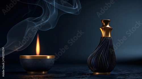 Elegant perfume bottle Modern design Glittering black and gold tone with flames and smoke from candles. The background is black. 