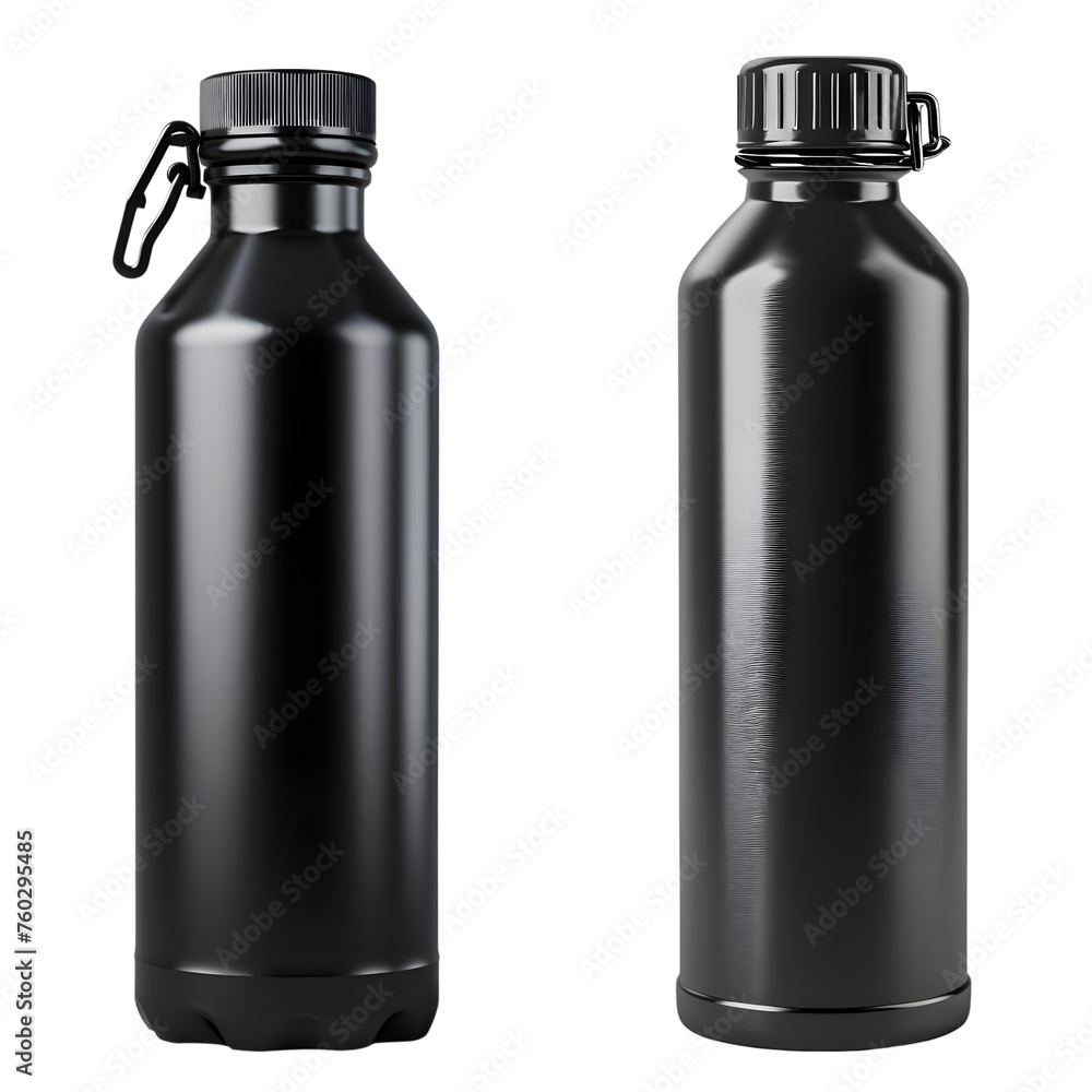 Empty black matte metal reusable water bottle isolated on transparent background Empty black matte metal reusable water bottle isolated on transparent background