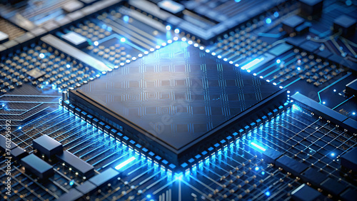 Close up of electronic circuit board in computer technology, featuring components like chips, capacitors, and resistors, showcasing hardware engineering at a macro level
