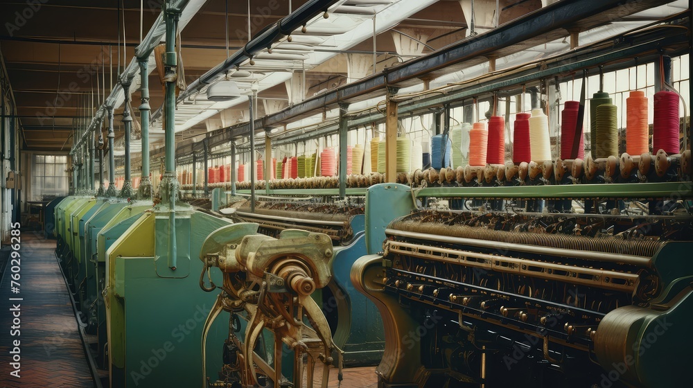 production industrial textile mill illustration weaving loom, thread dyeing, spinning manufacturing production industrial textile mill