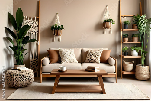 Interior design of living room with brown wooden sofa, macrame, bookstand, coffee table, plants pillows, decoration and elegant accessories. Beige and japandi concept. Stylish home staging. Template. photo