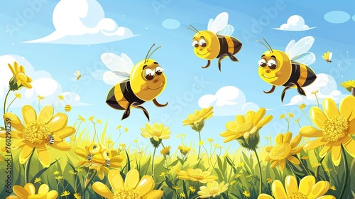 illustration of cute bees flying over the yellow flowers garden.,generative ai,  © curek