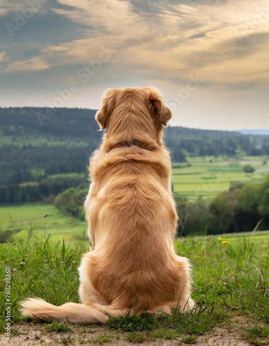 rear view of a sitting golden retriever dog waiting and looking into the distance across a valley or meadow with green grass