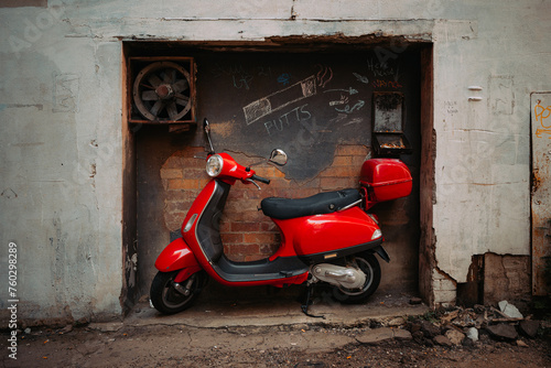Red Scooter parked in grungy laneway