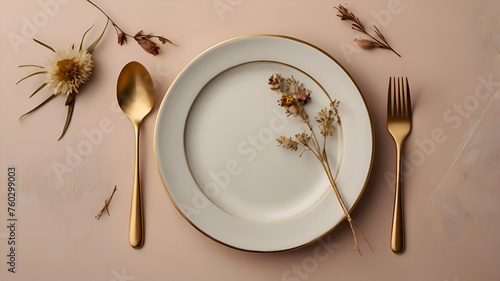 beige empty porcelain plate on pastel background with golden cutlery and dried flowers. Boho minimalist aesthetic. Dishware mock up