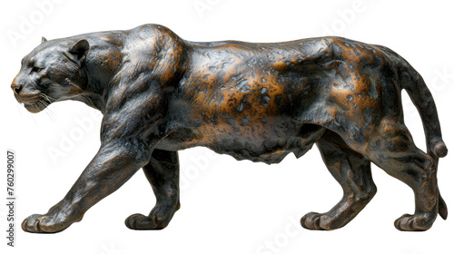 This stunning image portrays an elegant and powerful bronze statue of a panther in a stalking pose  suggesting grace and danger