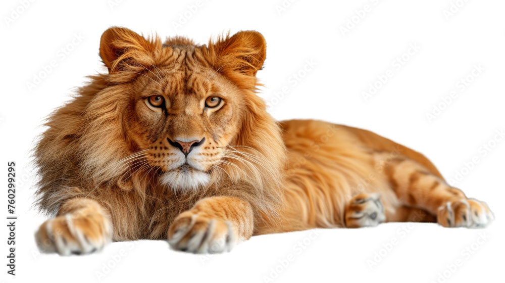 A majestic male lion with a full mane lies down and gazes forward, isolated on a white background, showing detail in his fur