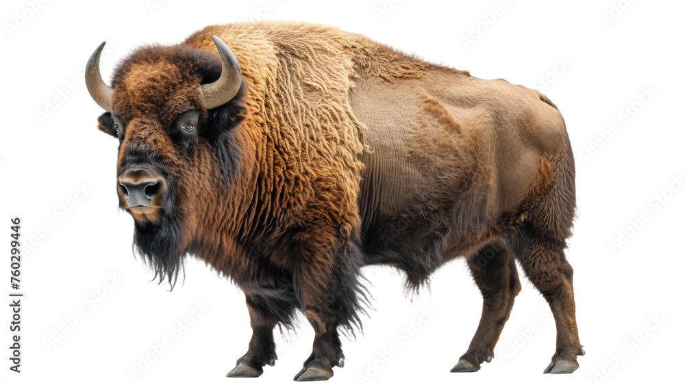 This detailed image presents an American bison in sharp focus, illustrating the textures of its shaggy mane and robust frame, isolated on white for versatile use