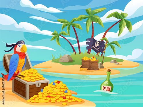 Island parrot, sea and tropical palms. Beach landscape, tree paradise, tropic Caribbean. Adventure game. Anchor, pirate character, bird, summer sky, ocean background vector cartoon garish illustration