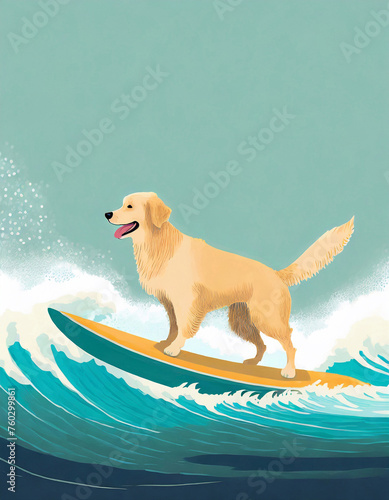 golden retriever dog surfing on a wave with blue-green background and text space
