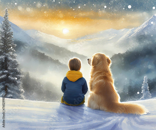boy and golden retriever dog sitting together in the snow looking out over snow covered mountains and trees