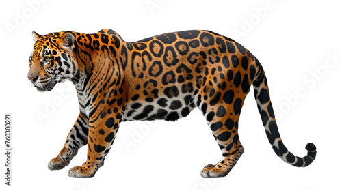 Full side view of a jaguar walking with a powerful and majestic gait on a clean white background © Daniel