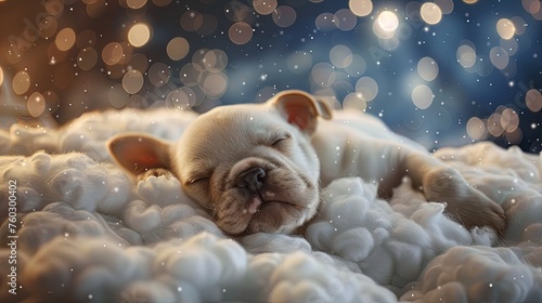 A serene image of a sleeping puppy nestled among fluffy clouds, with a twinkling starry sky in the background. photo