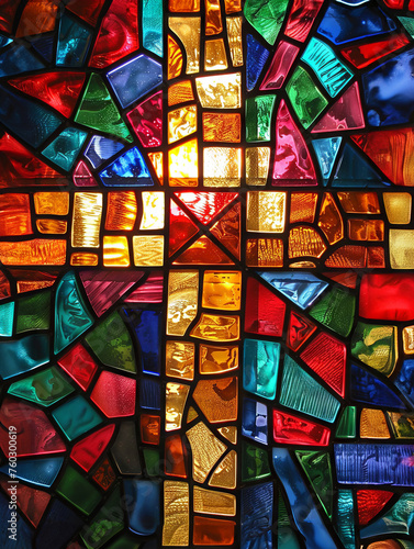 A vibrant stained glass window depicting a cross, bursting with a spectrum of warm and cool colors, symbolizing hope and spirituality.
