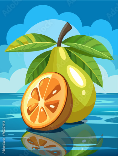 A fresh sapote fruit floats in crystal-clear water, highlighting its smooth skin and vibrant orange flesh.